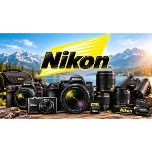 Nikon cameras, NIKKOR lenses, binoculars and photography accessories displayed against a mountain landscape