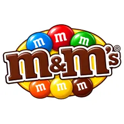 M&M's chocolate candies and colorful product packages including Peanut, Milk Chocolate, Crispy, Caramel and Minis