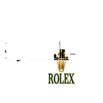 Rolex luxury watches displayed in a green and gold setting with a coastal backdrop