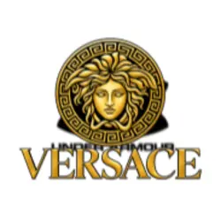 Versace luxury fashion accessories, perfume, sneakers, watch and handbag in a gold and black setting