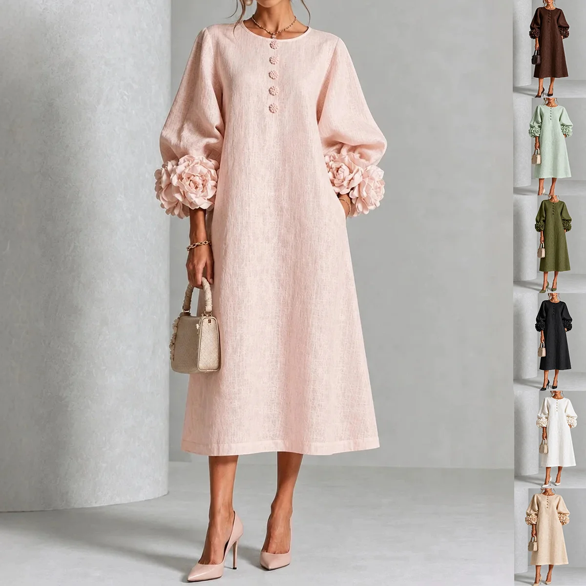 Three-dimensional Floral Dress With Puff Sleeves French-style A-line Party Weddi...