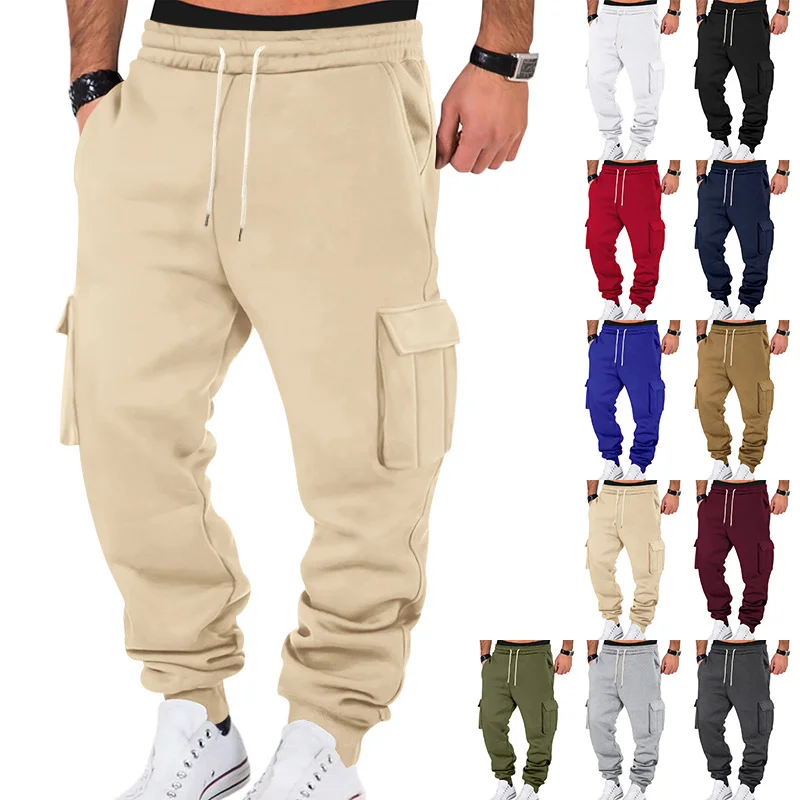 Cross-Border American Style Autumn And Winter Fleece Men's Casual Cargo Pants With Multiple Pockets And Drawstring In 11 Colors, Sports Casual Long Pants