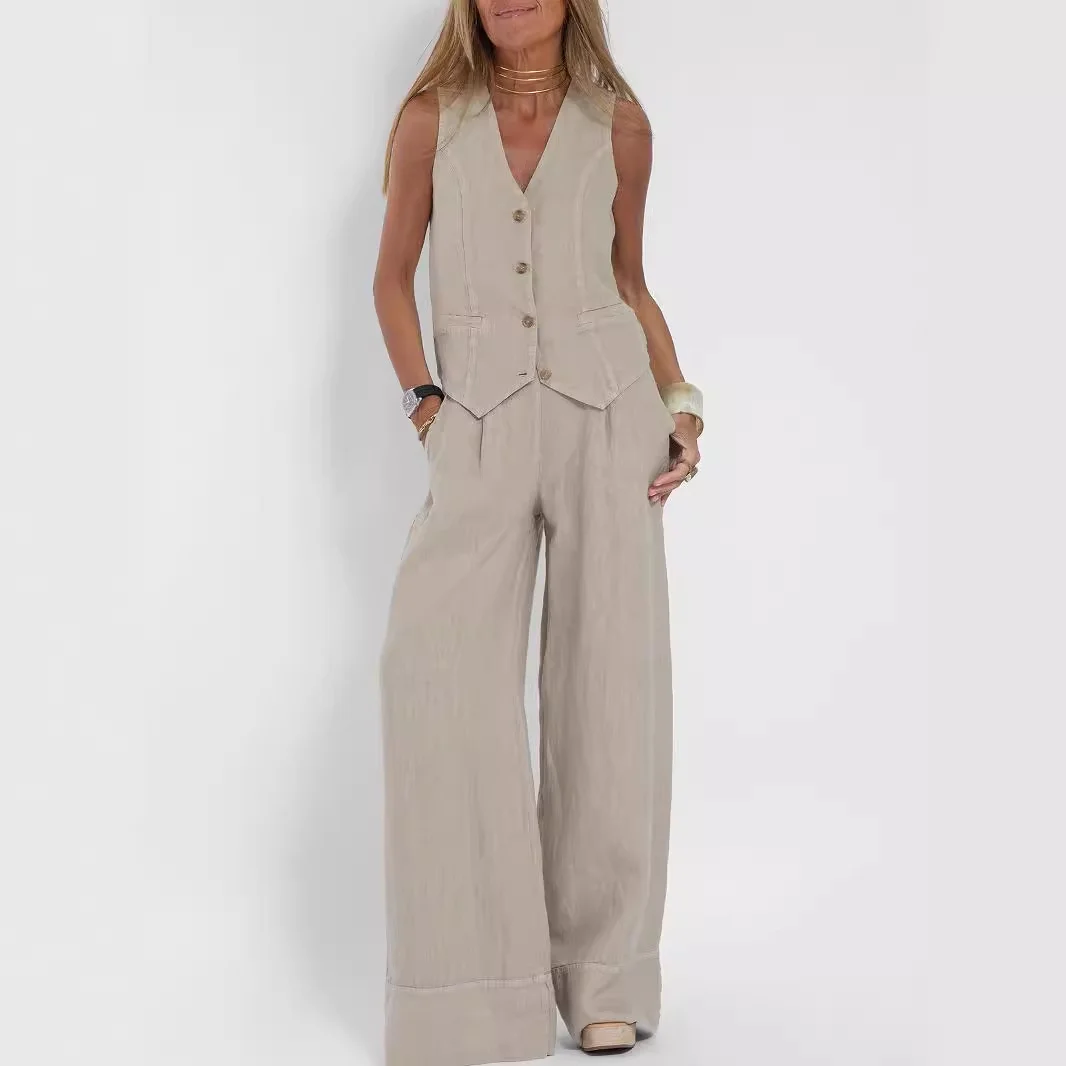 European And American Cross-Border Hot-Selling New Fashion Vest And Pants Patchwork Cotton-Linen Casual Set