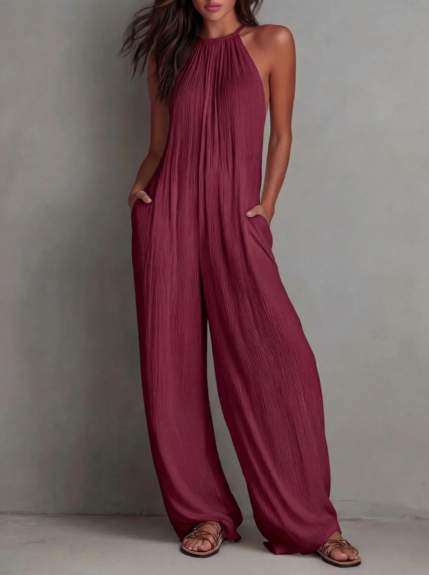 Women's White Halter Backless Wide-Leg Jumpsuit