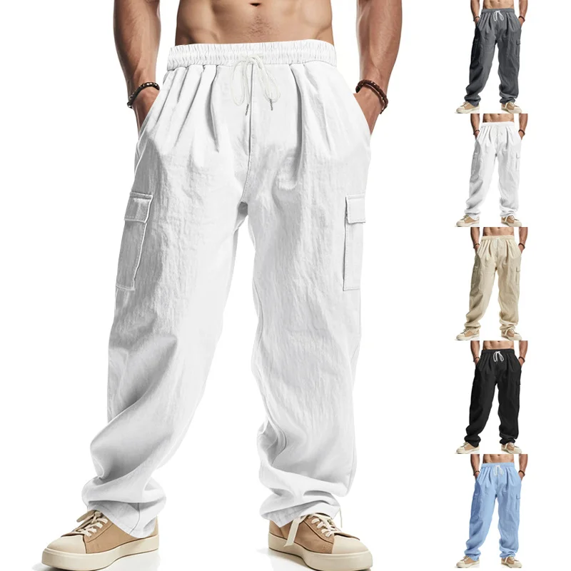 Men's Multi-Pocket Linen Cargo Pants – Loose-Fit Straight-Leg Casual Trousers Alternative SEO-friendly title: