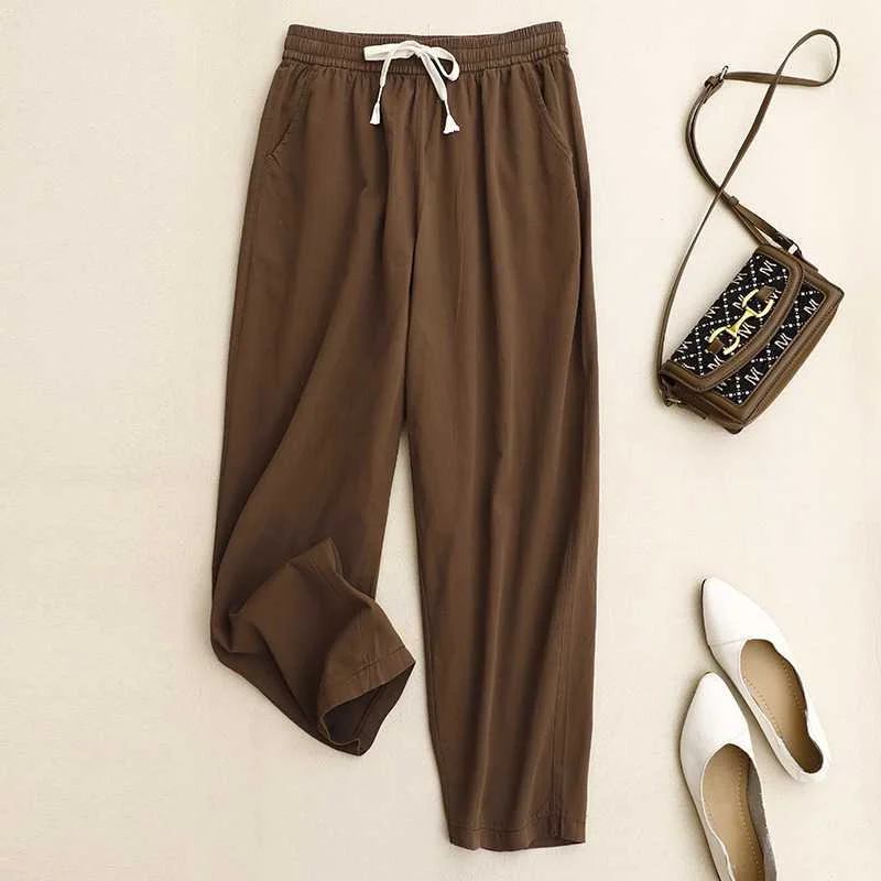 Pure Cotton Casual Pants Simple Tapered Cropped Pants Mid Waist